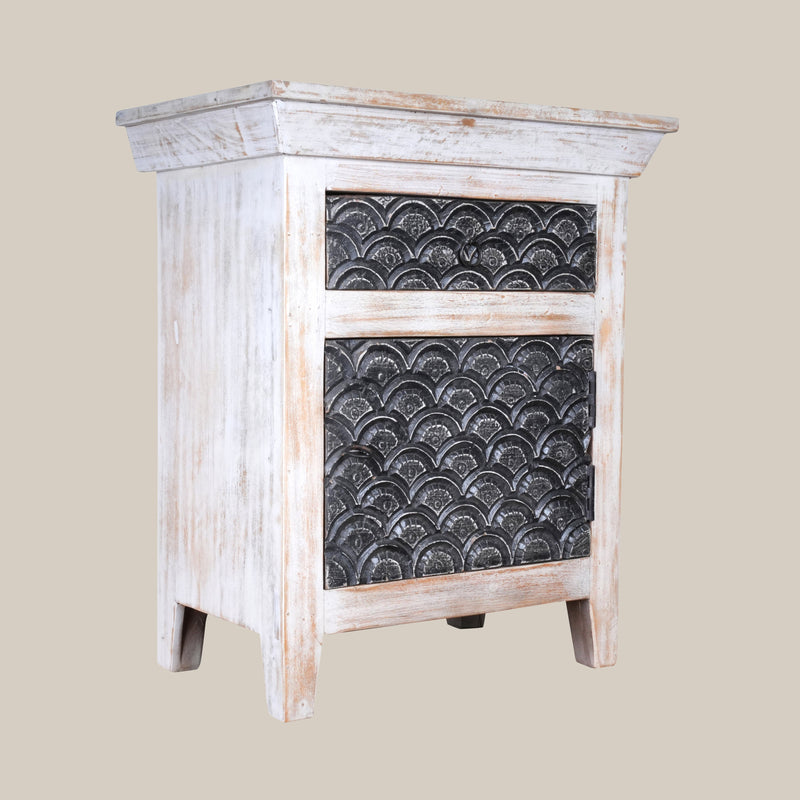 Handcrafted Wooden Bedside Table with Decorative Metal Panel - Rustic Charm