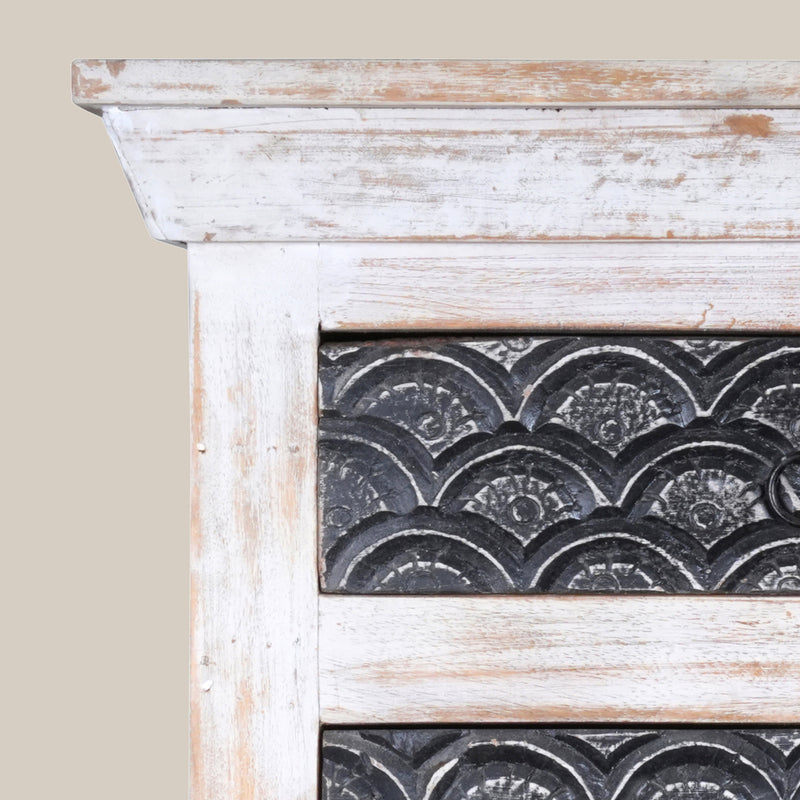 Handcrafted Wooden Bedside Table with Decorative Metal Panel - Rustic Charm