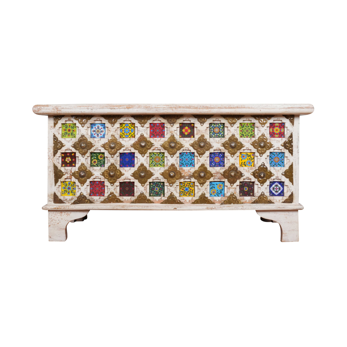 Handcrafted Wooden Storage Chest with Colorful Ceramic Tile Inlay - Rustic Charm