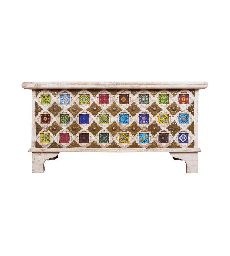 Handcrafted Wooden Storage Chest with Colorful Ceramic Tile Inlay - Rustic Charm