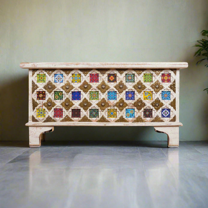 Handcrafted Wooden Storage Chest with Colorful Ceramic Tile Inlay - Rustic Charm