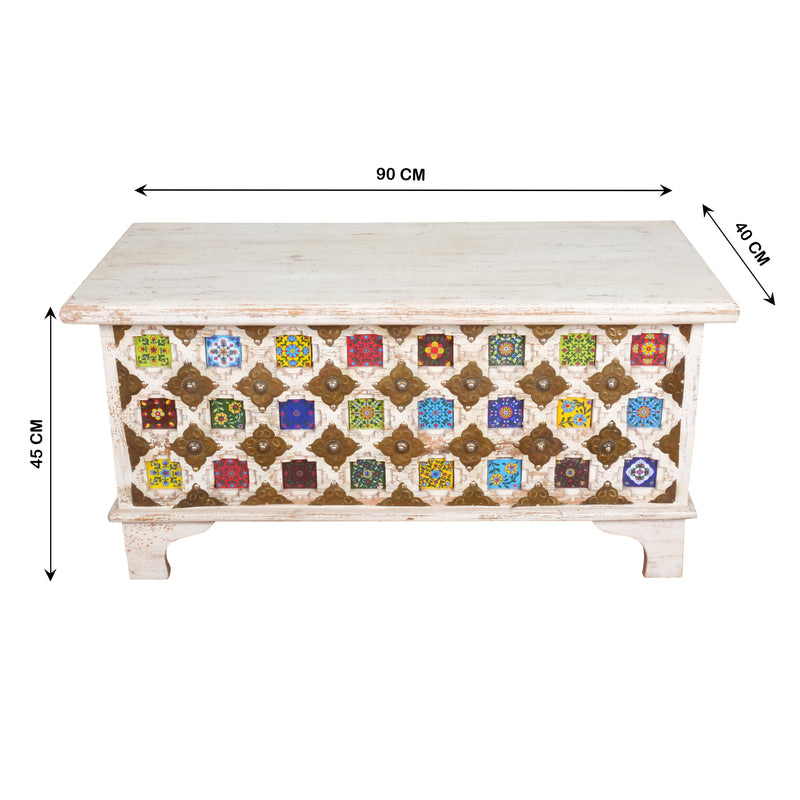 Handcrafted Wooden Storage Chest with Colorful Ceramic Tile Inlay - Rustic Charm