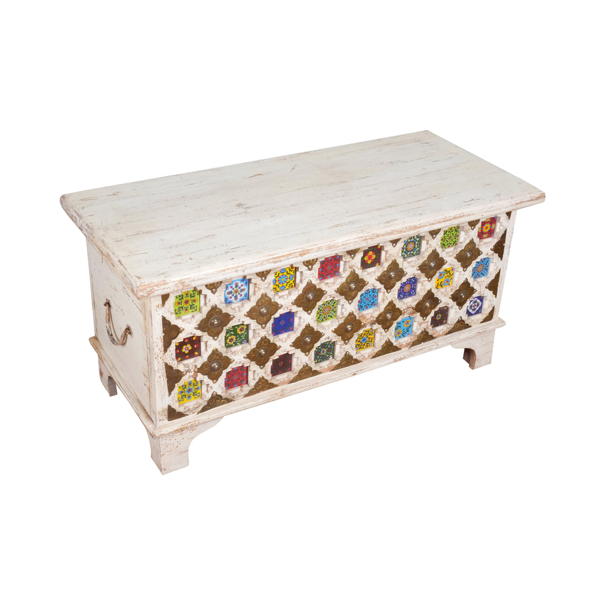 Handcrafted Wooden Storage Chest with Colorful Ceramic Tile Inlay - Rustic Charm
