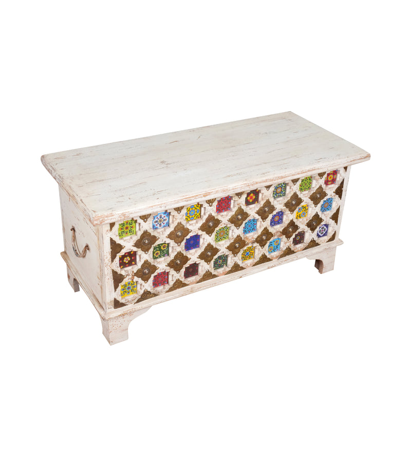 Handcrafted Wooden Storage Chest with Colorful Ceramic Tile Inlay - Rustic Charm