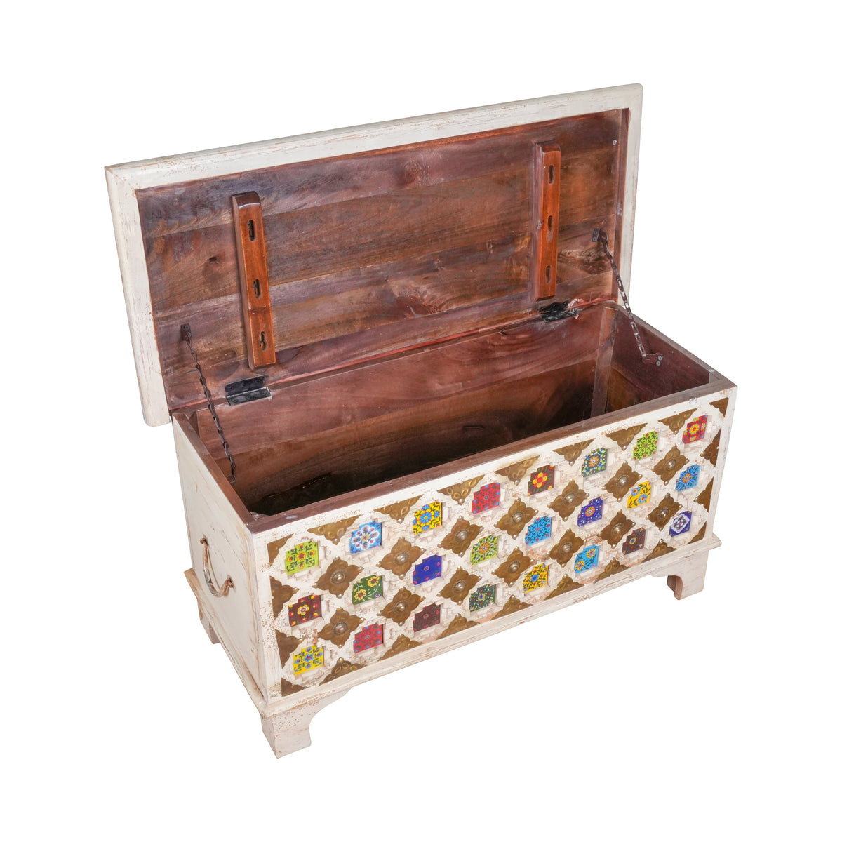 Handcrafted Wooden Storage Chest with Colorful Ceramic Tile Inlay - Rustic Charm