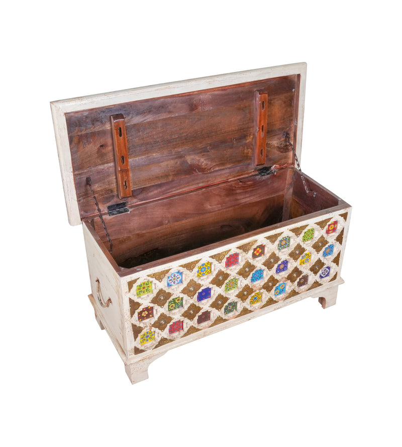 Handcrafted Wooden Storage Chest with Colorful Ceramic Tile Inlay - Rustic Charm