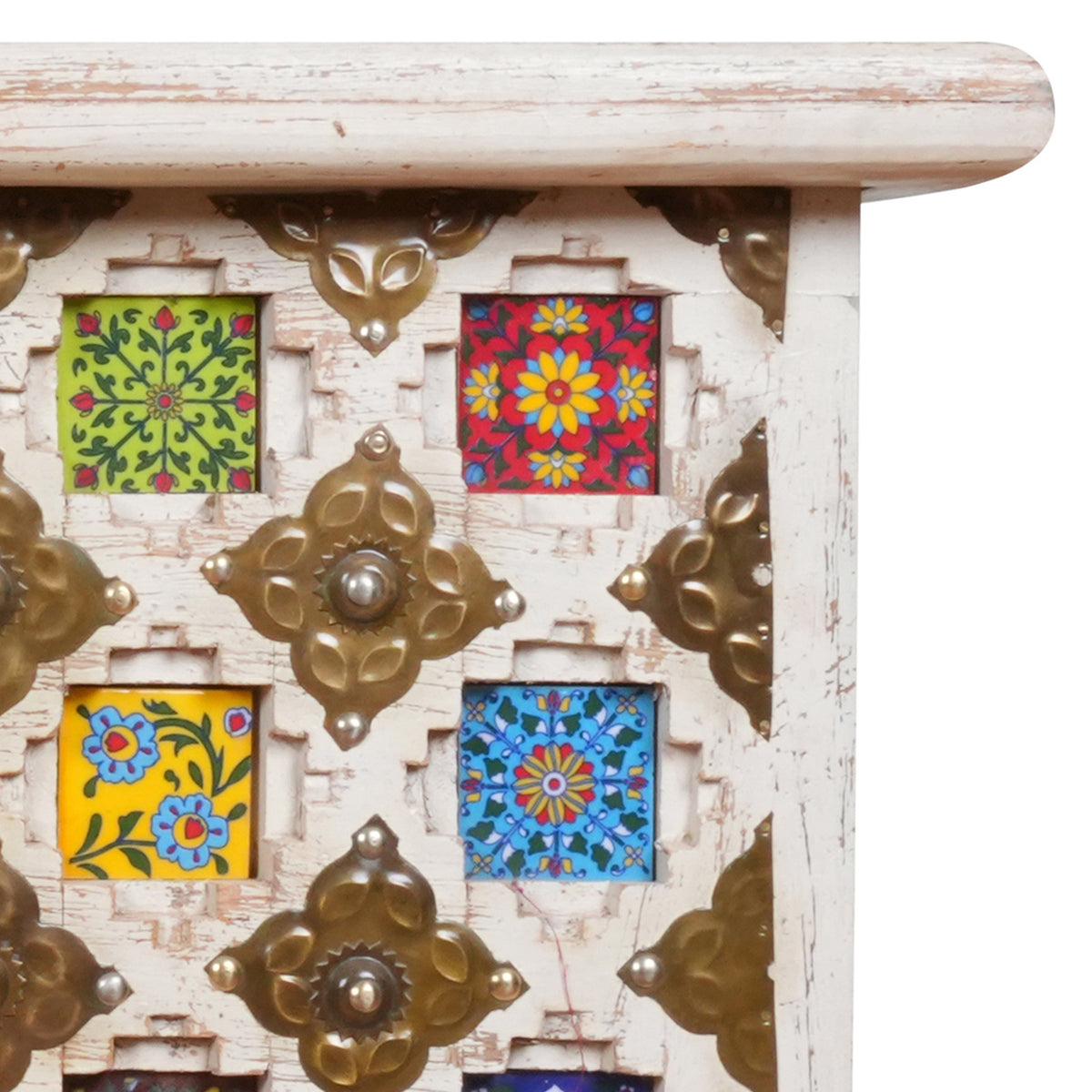 Handcrafted Wooden Storage Chest with Colorful Ceramic Tile Inlay - Rustic Charm