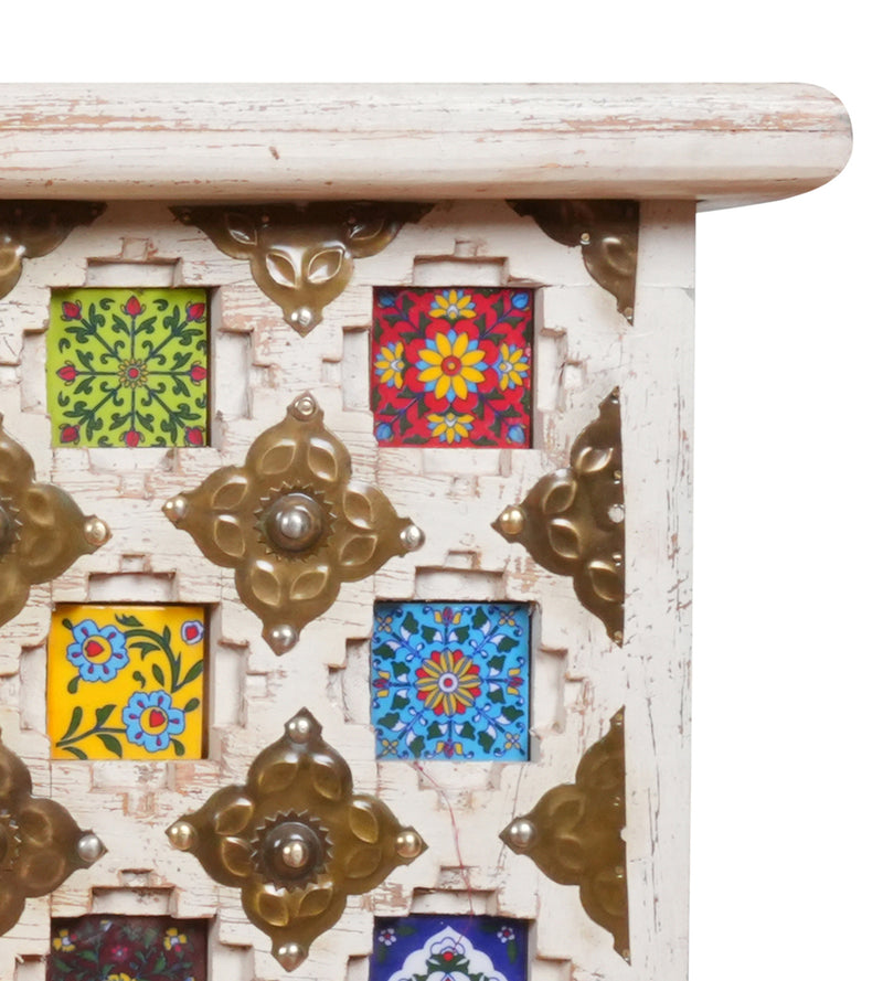 Handcrafted Wooden Storage Chest with Colorful Ceramic Tile Inlay - Rustic Charm