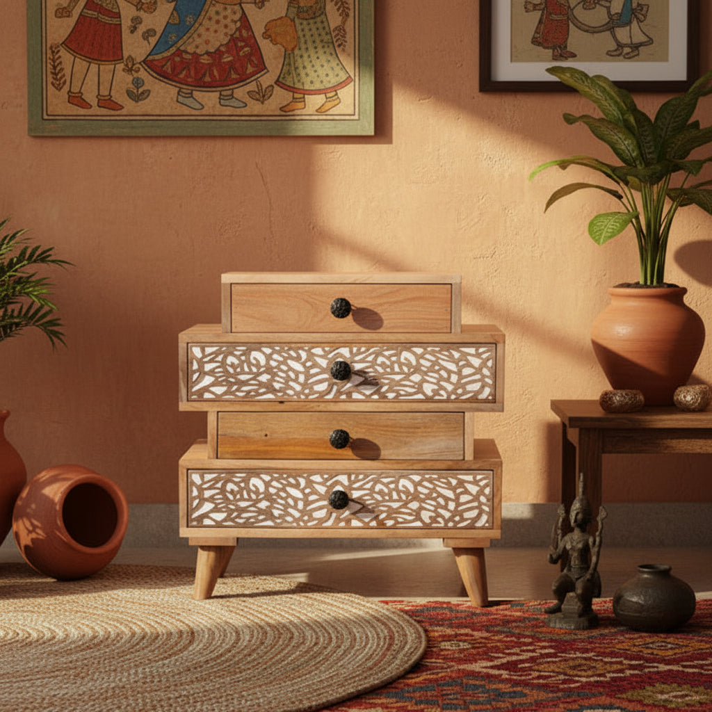 Handcrafted Wooden Chest of Drawers with Intricate Carved Detailing