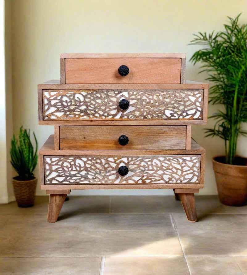Handcrafted Wooden Chest of Drawers with Intricate Carved Detailing