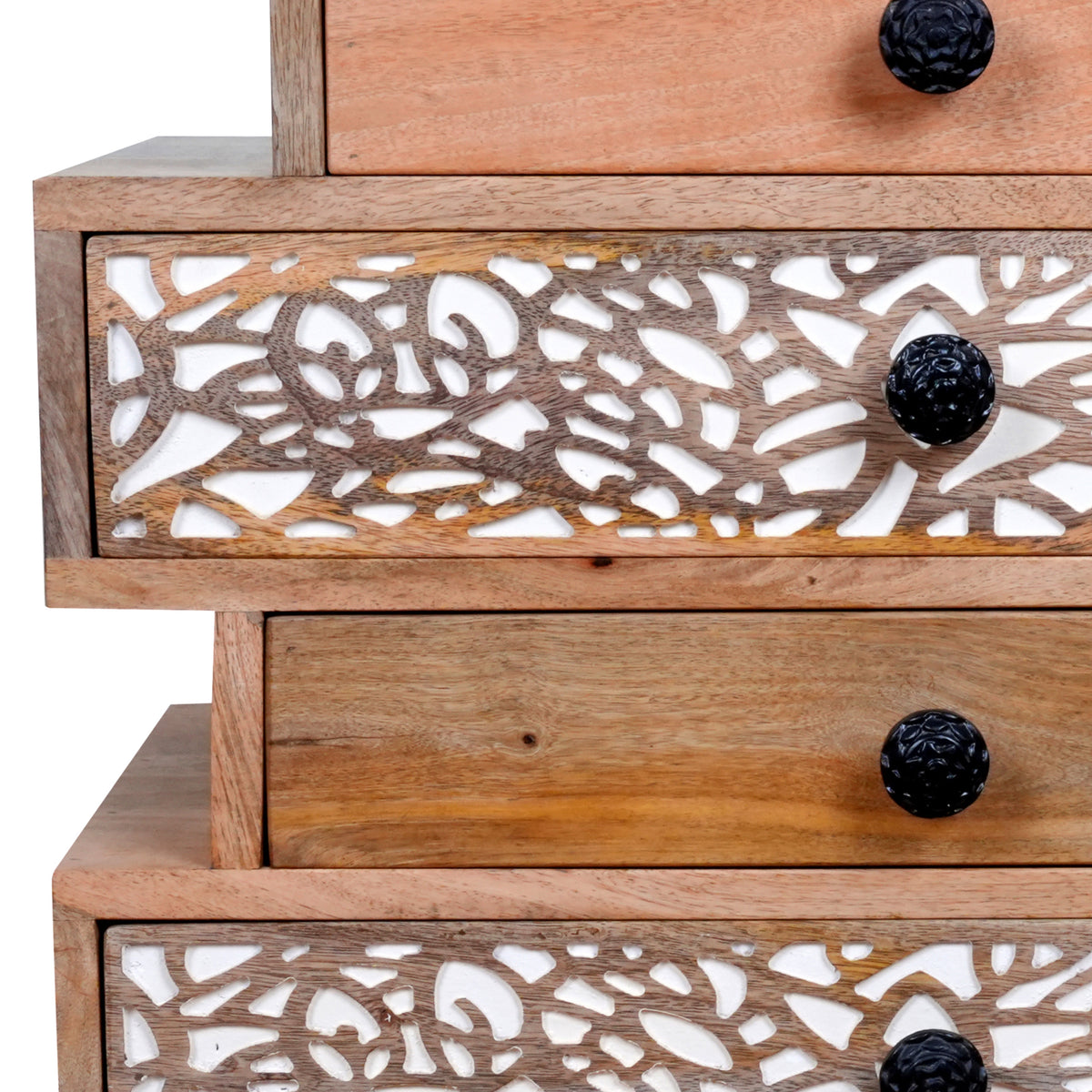 Handcrafted Wooden Chest of Drawers with Intricate Carved Detailing