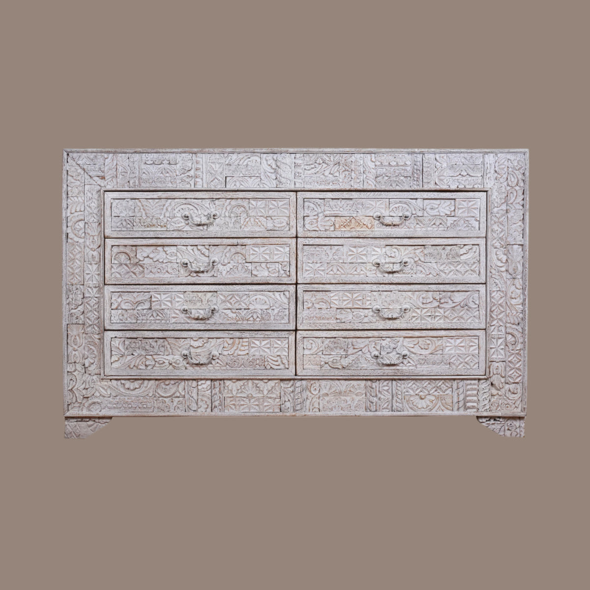 Handcrafted Wooden Dresser with Intricate Carved Detailing