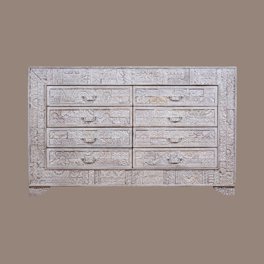 Handcrafted Wooden Dresser with Intricate Carved Detailing