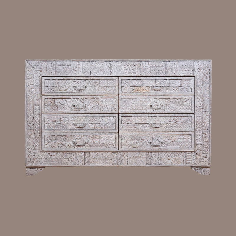 Handcrafted Wooden Dresser with Intricate Carved Detailing