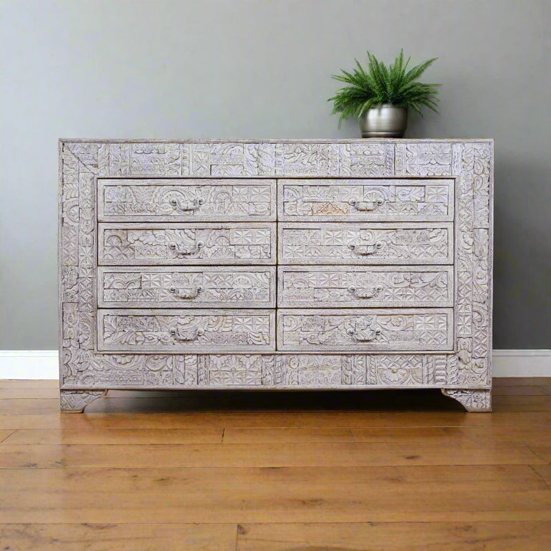 Handcrafted Wooden Dresser with Intricate Carved Detailing