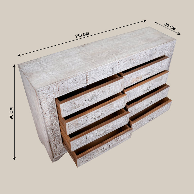 Handcrafted Wooden Dresser with Intricate Carved Detailing