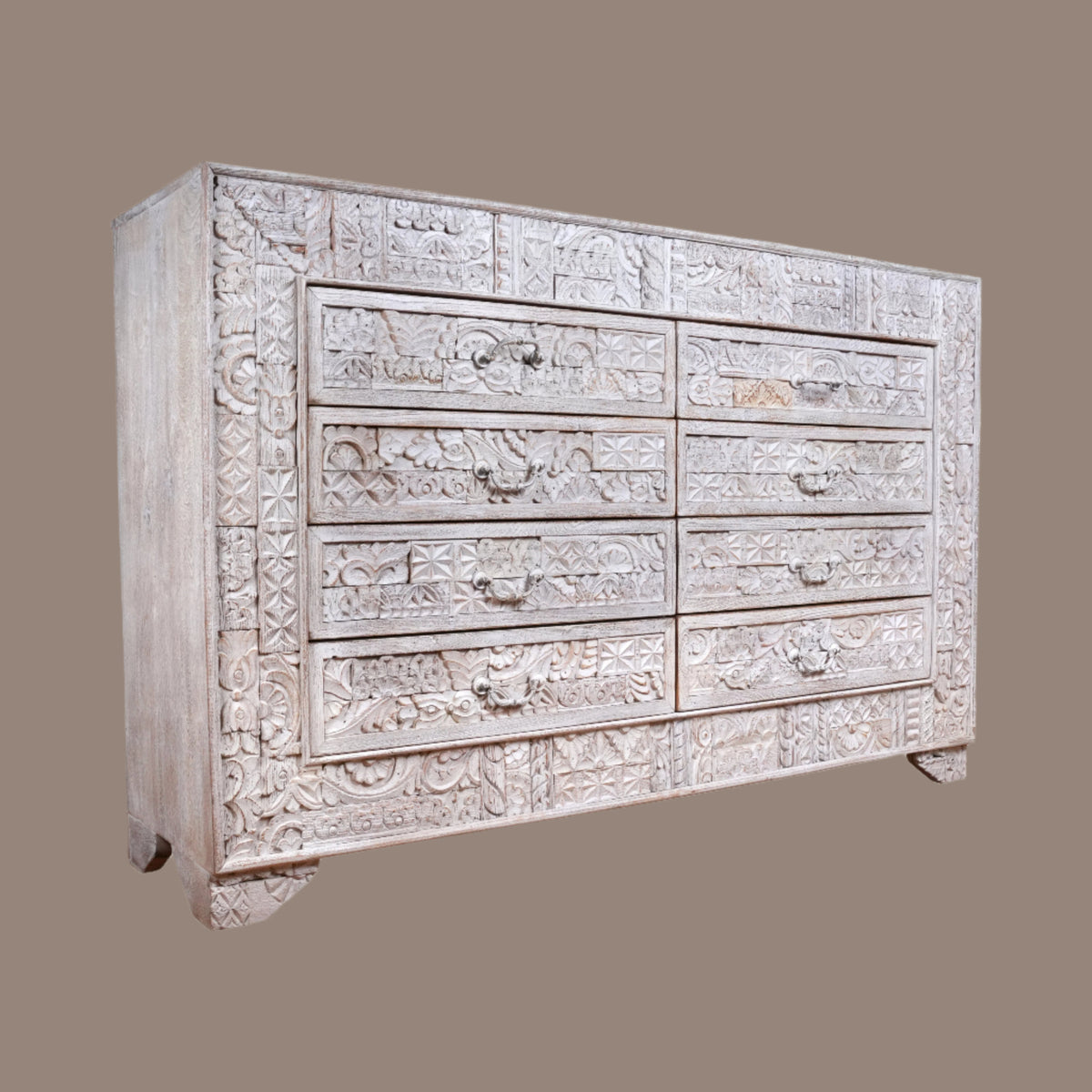 Handcrafted Wooden Dresser with Intricate Carved Detailing