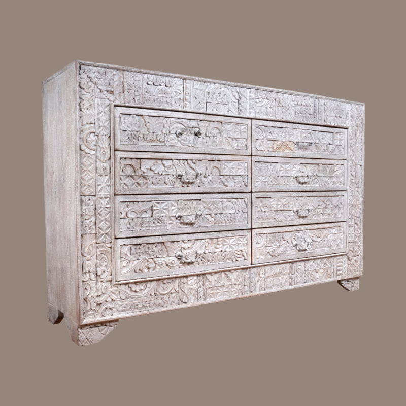 Handcrafted Wooden Dresser with Intricate Carved Detailing
