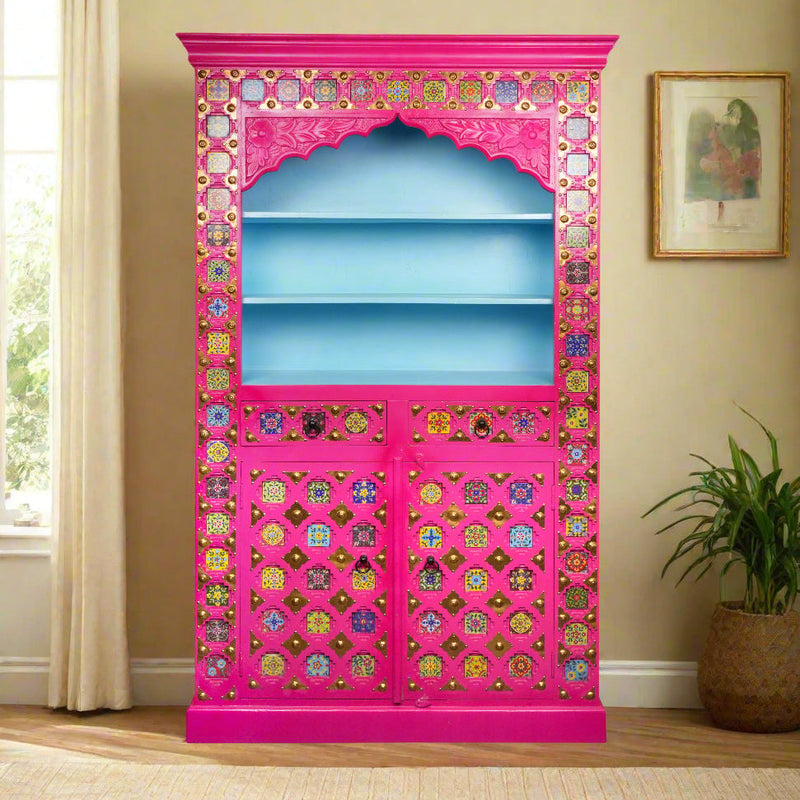 Handcrafted Wooden Display Cabinet with Vibrant Painted Detailing