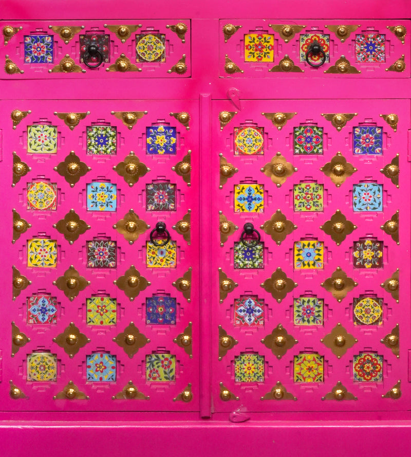 Handcrafted Wooden Display Cabinet with Vibrant Painted Detailing