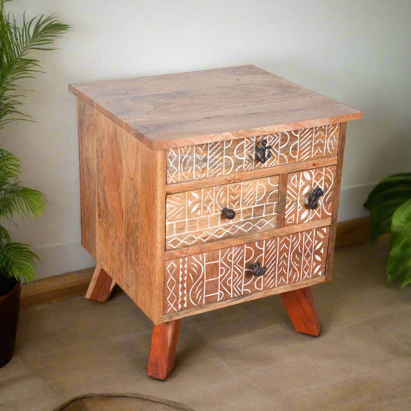 Handcrafted Wooden Bedside Table with Intricate Carved Drawer Fronts