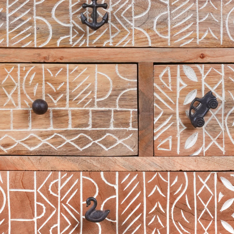 Handcrafted Wooden Bedside Table with Intricate Carved Drawer Fronts