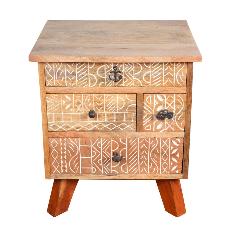 Handcrafted Wooden Bedside Table with Intricate Carved Drawer Fronts