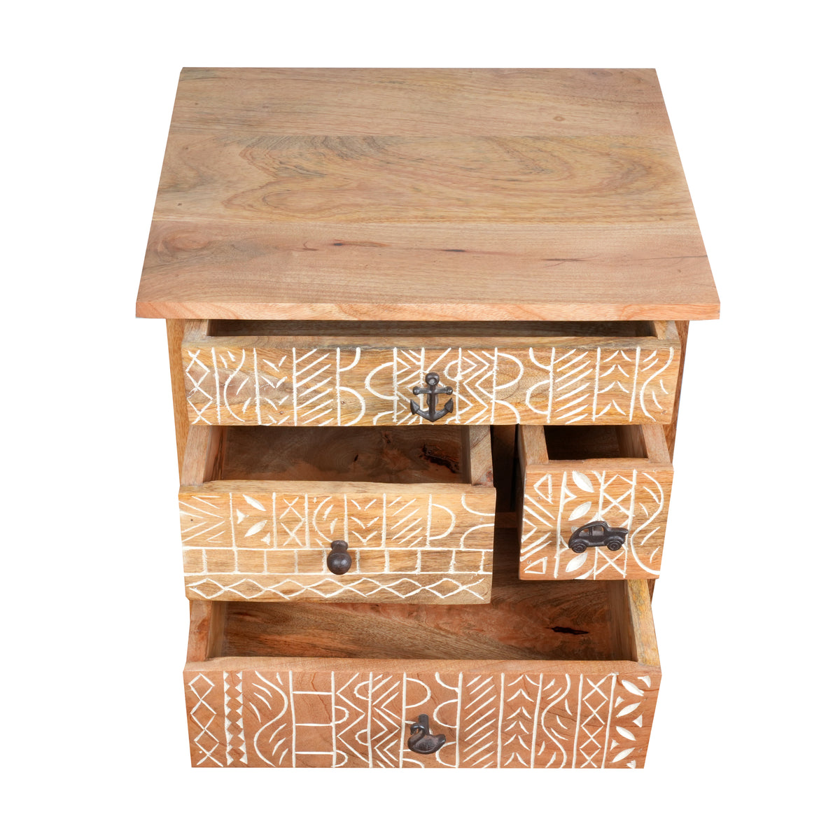 Handcrafted Wooden Bedside Table with Intricate Carved Drawer Fronts
