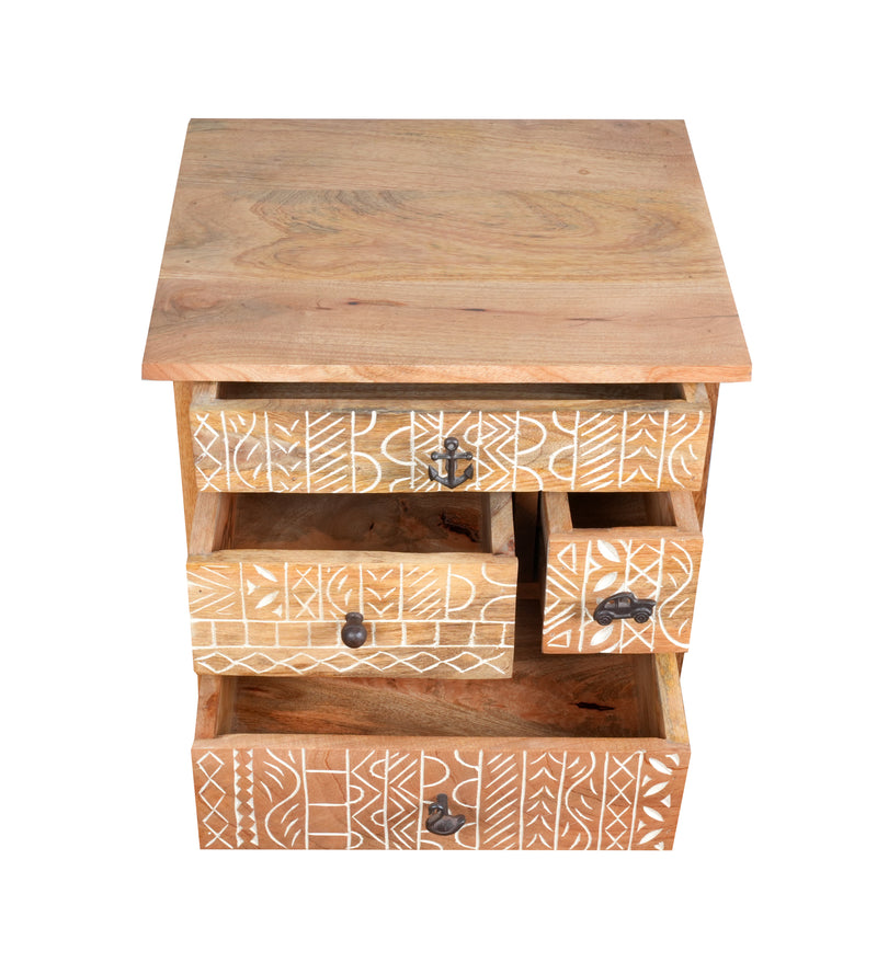 Handcrafted Wooden Bedside Table with Intricate Carved Drawer Fronts