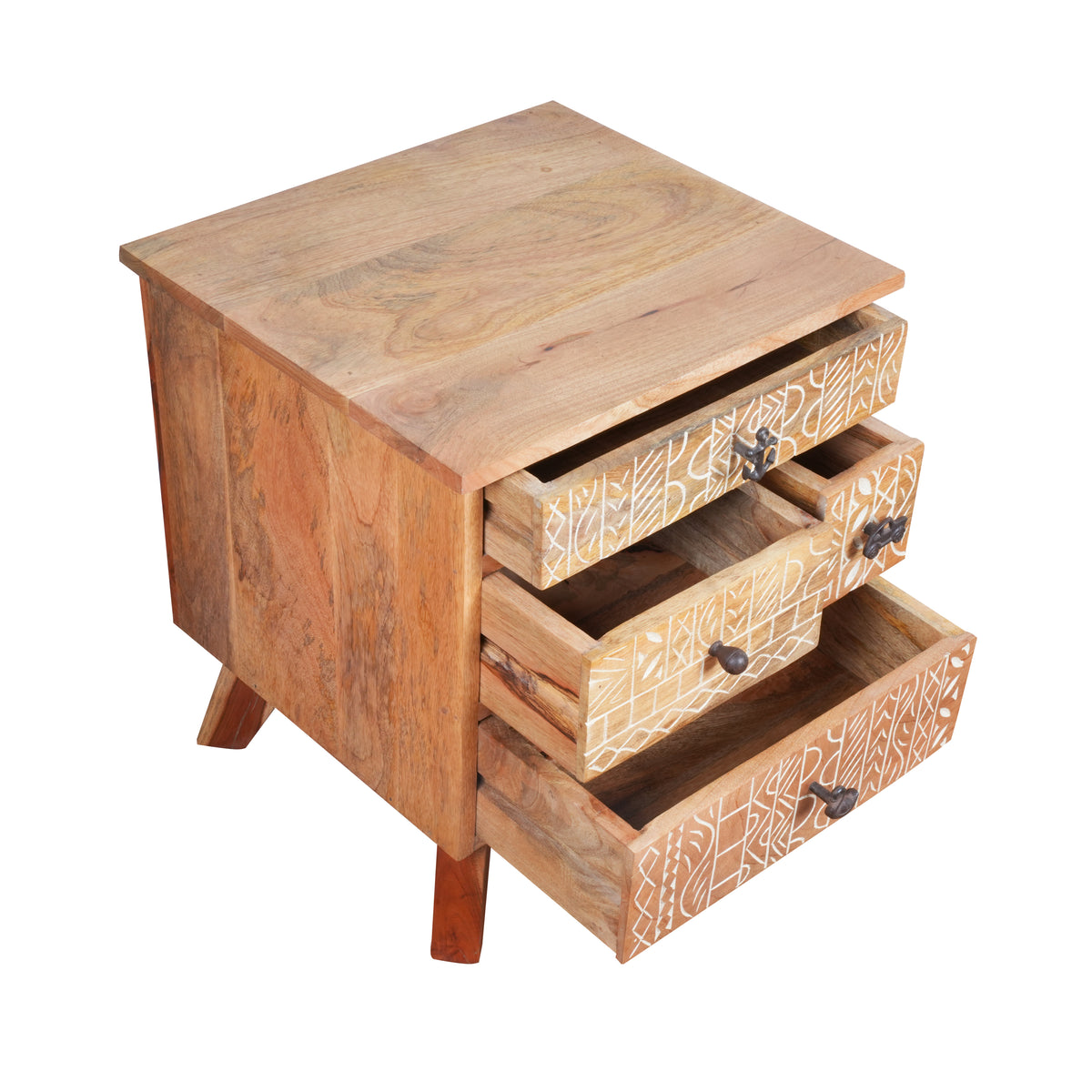 Handcrafted Wooden Bedside Table with Intricate Carved Drawer Fronts