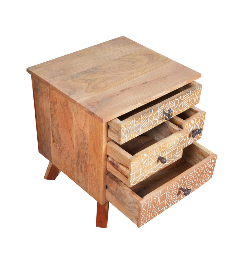 Handcrafted Wooden Bedside Table with Intricate Carved Drawer Fronts