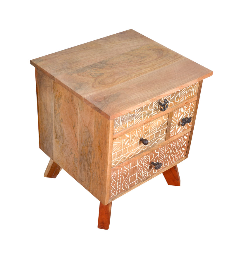Handcrafted Wooden Bedside Table with Intricate Carved Drawer Fronts