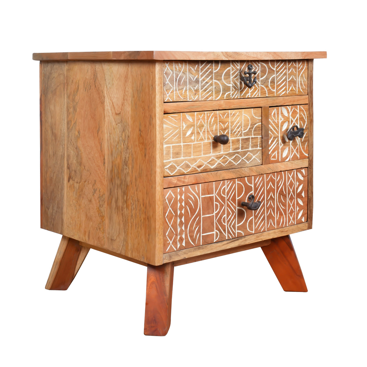 Handcrafted Wooden Bedside Table with Intricate Carved Drawer Fronts