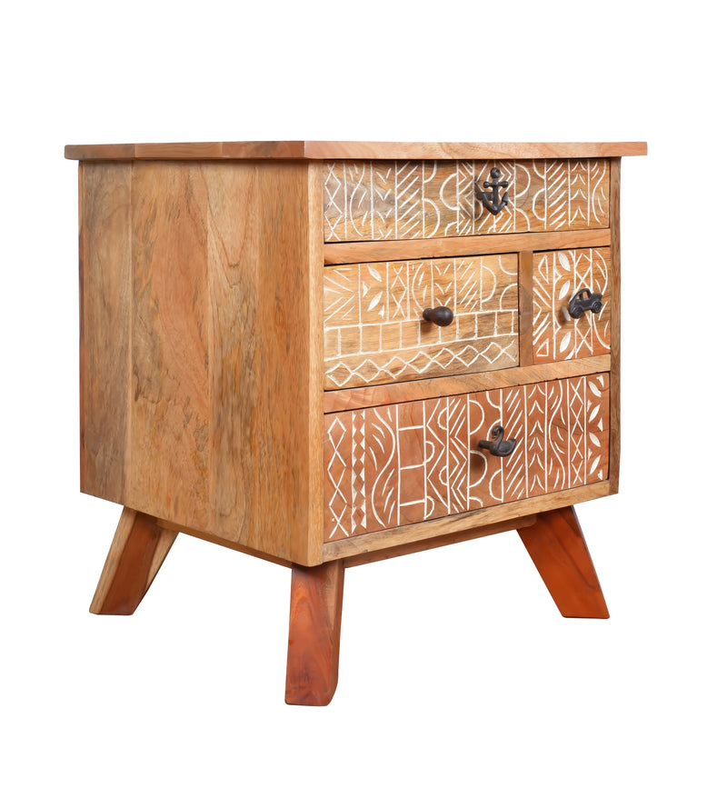 Handcrafted Wooden Bedside Table with Intricate Carved Drawer Fronts