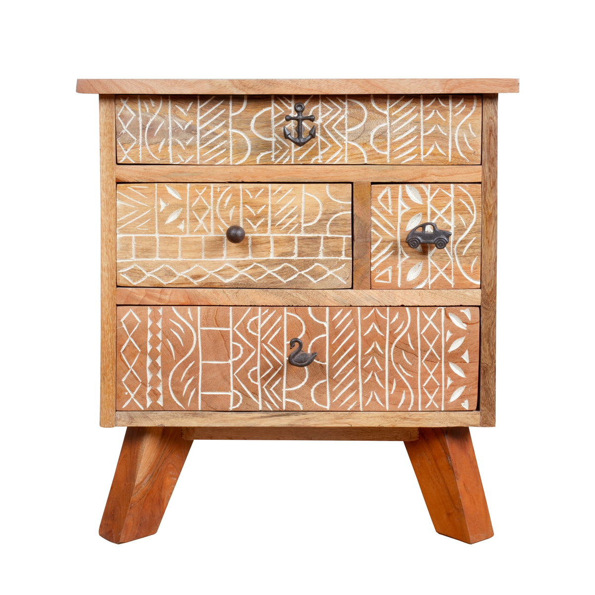 Handcrafted Wooden Bedside Table with Intricate Carved Drawer Fronts