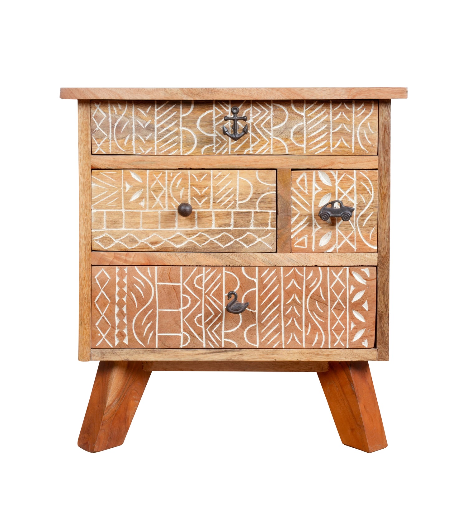 Handcrafted Wooden Bedside Table with Intricate Carved Drawer Fronts