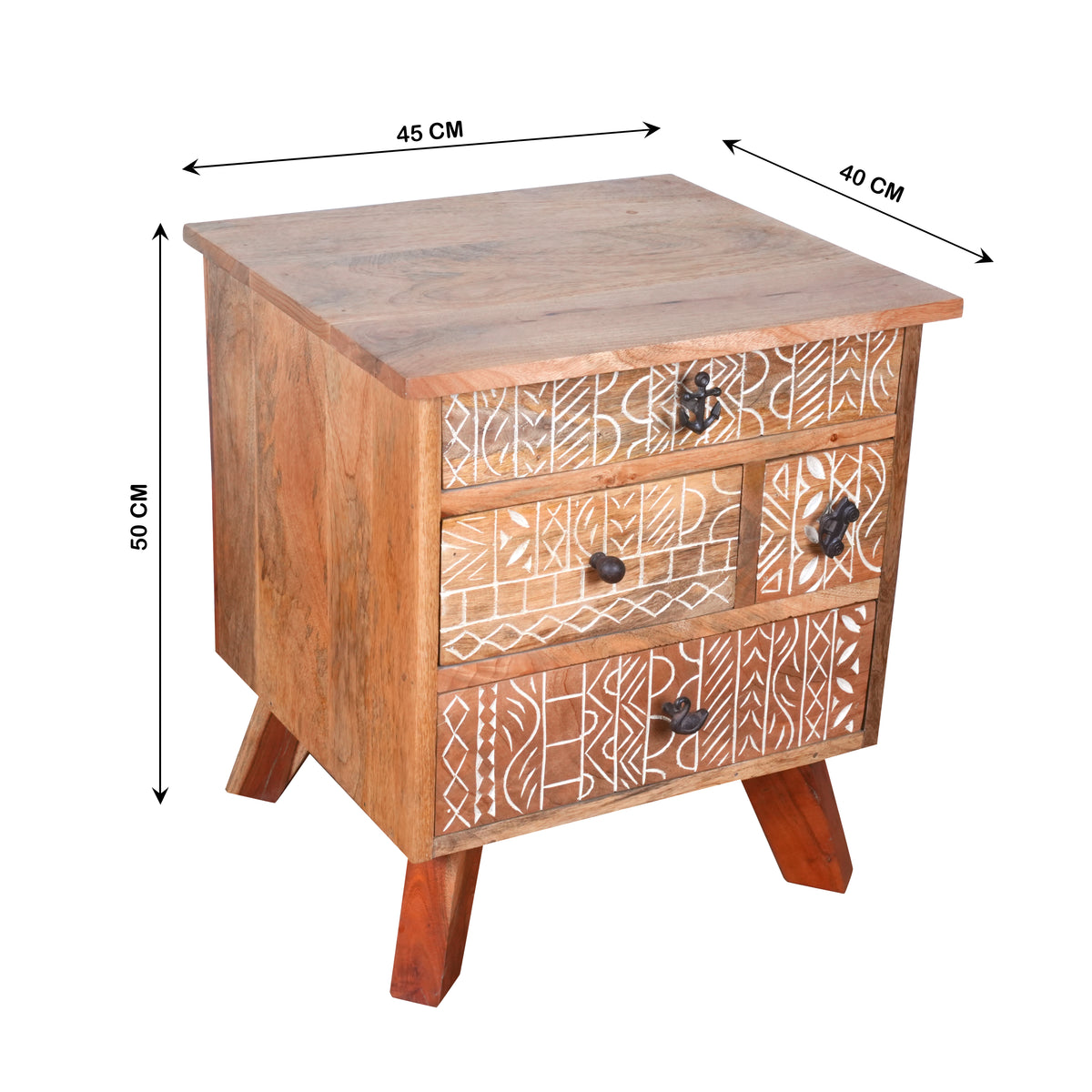 Handcrafted Wooden Bedside Table with Intricate Carved Drawer Fronts