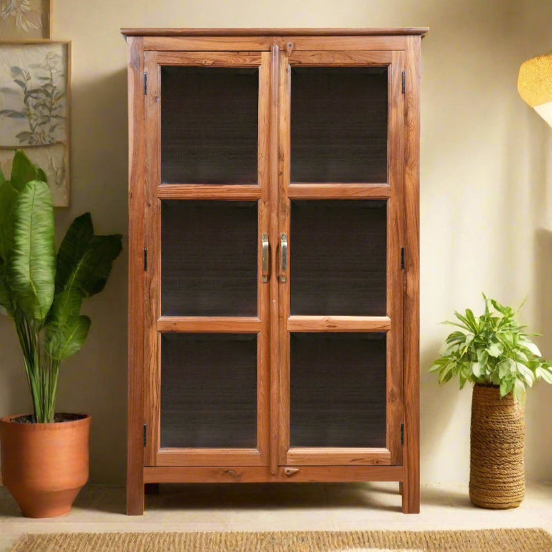 Handcrafted Wooden Display Cabinet with Glass Doors