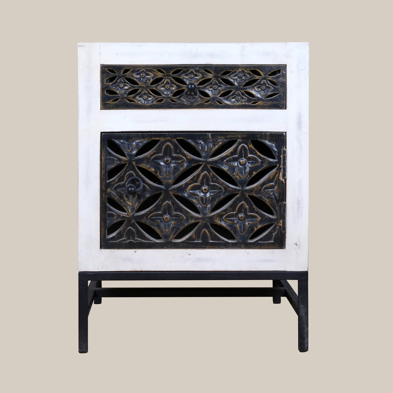 Handcrafted Wooden and Metal Bedside Table with Decorative Grillwork
