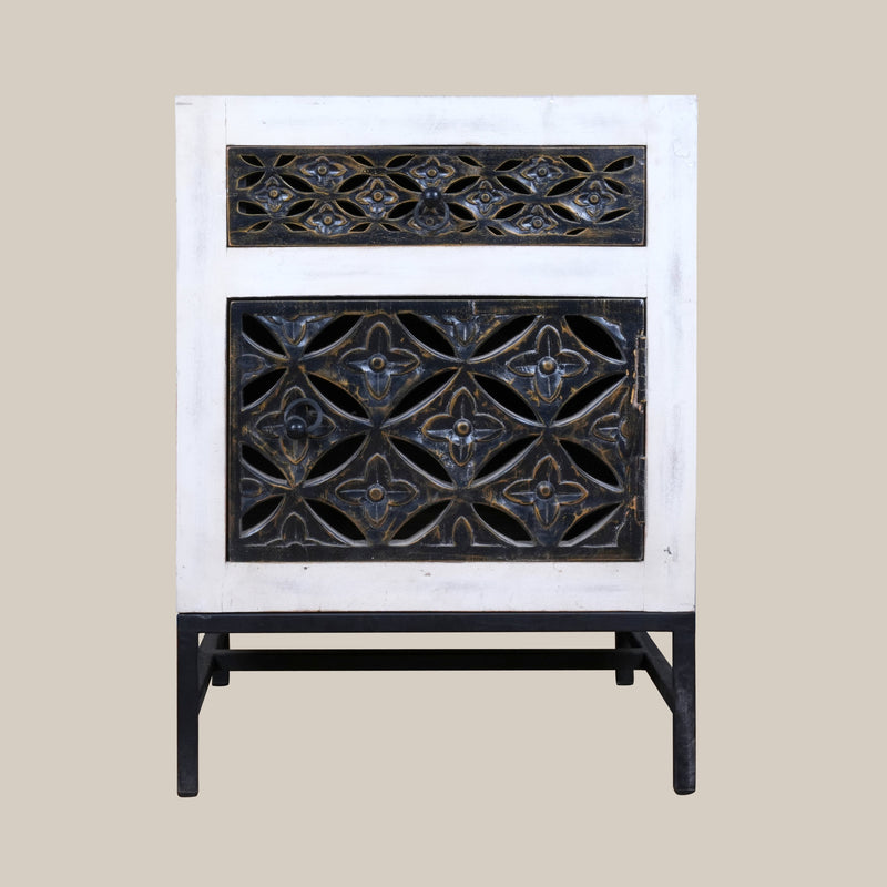 Handcrafted Wooden and Metal Bedside Table with Decorative Grillwork