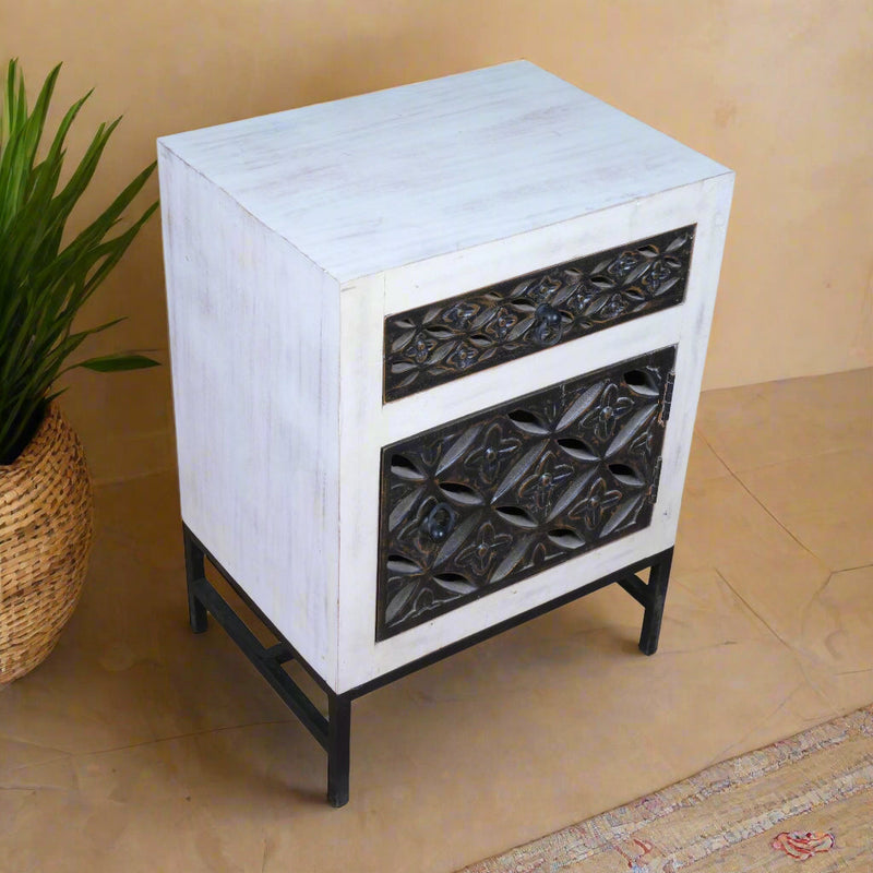 Handcrafted Wooden and Metal Bedside Table with Decorative Grillwork