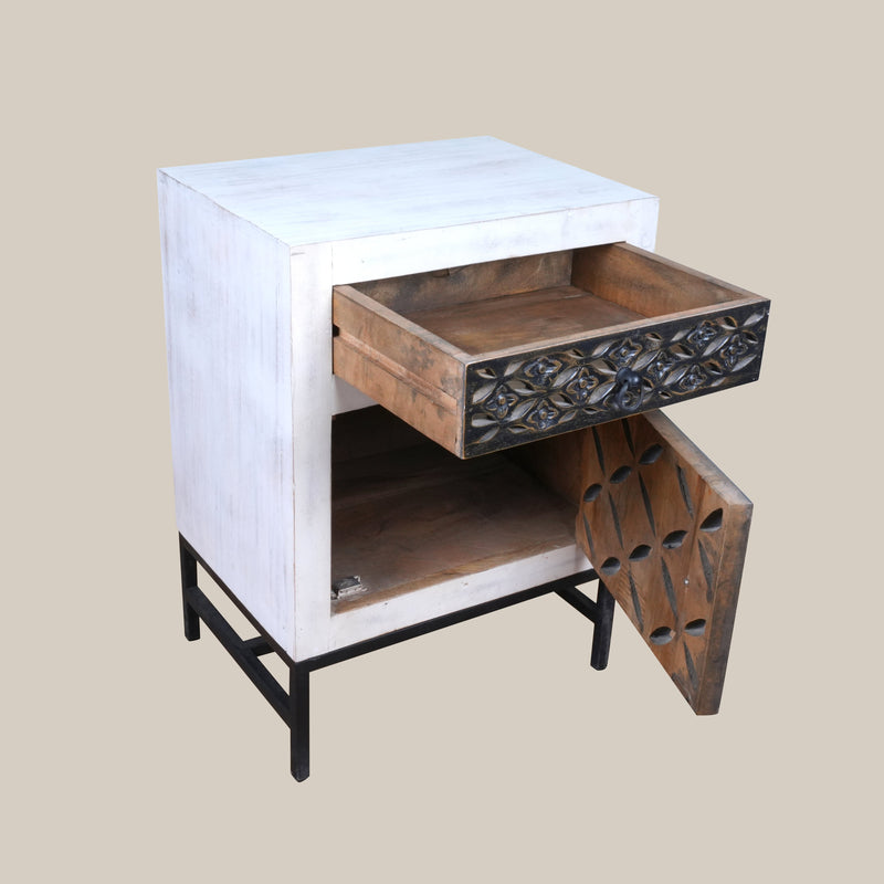 Handcrafted Wooden and Metal Bedside Table with Decorative Grillwork