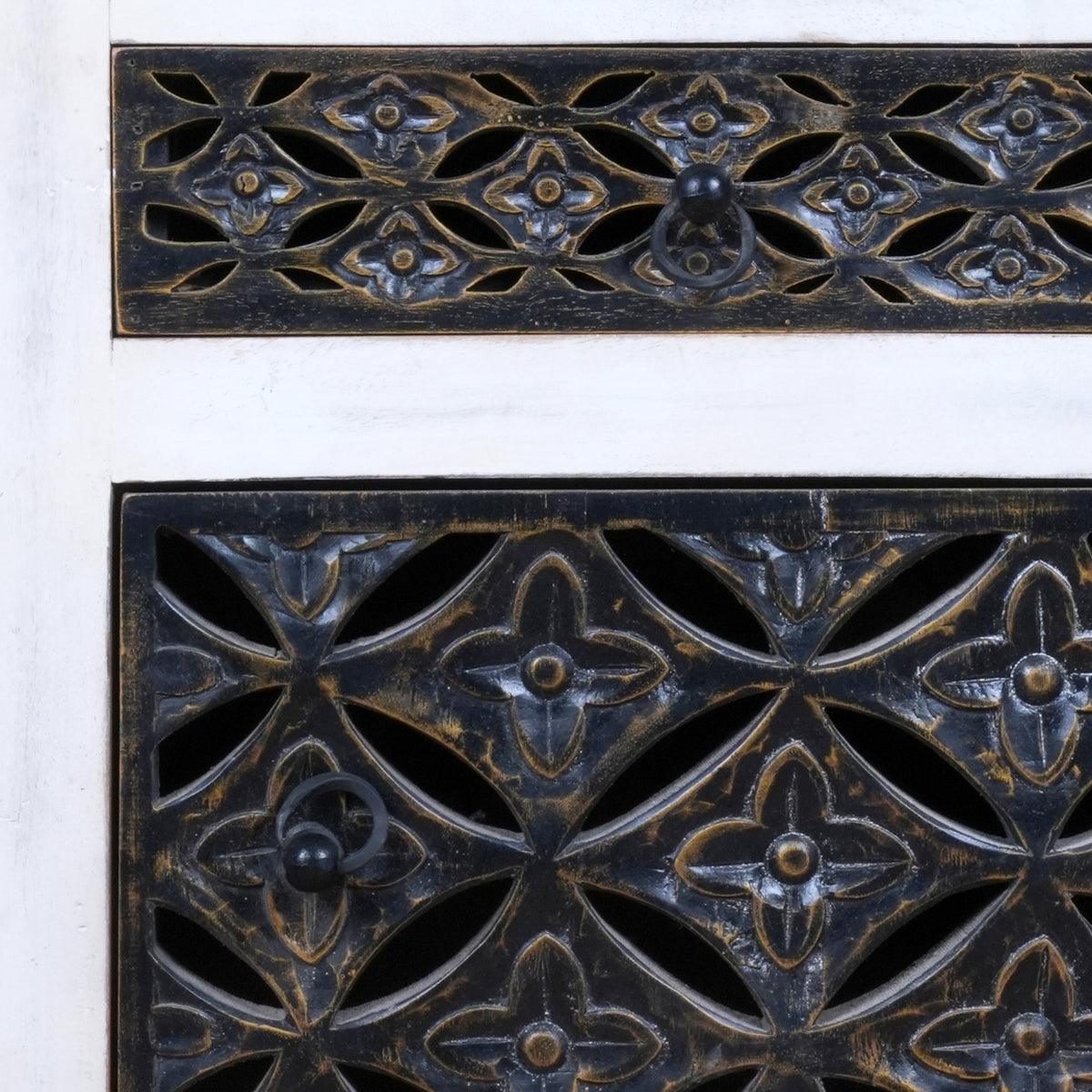 Handcrafted Wooden and Metal Bedside Table with Decorative Grillwork