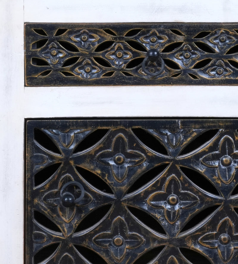 Handcrafted Wooden and Metal Bedside Table with Decorative Grillwork