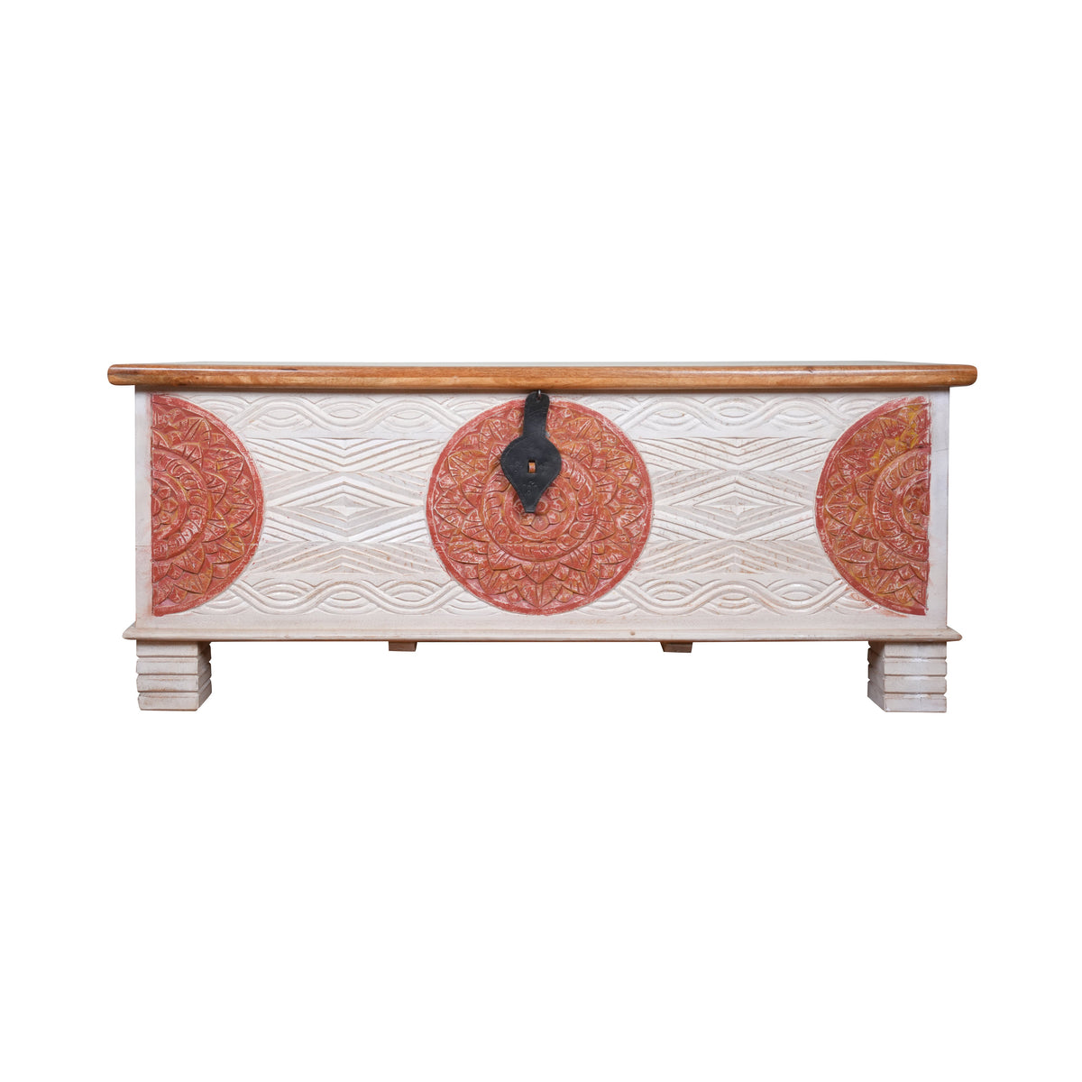Handcrafted Wooden Storage Chest with Decorative Medallions