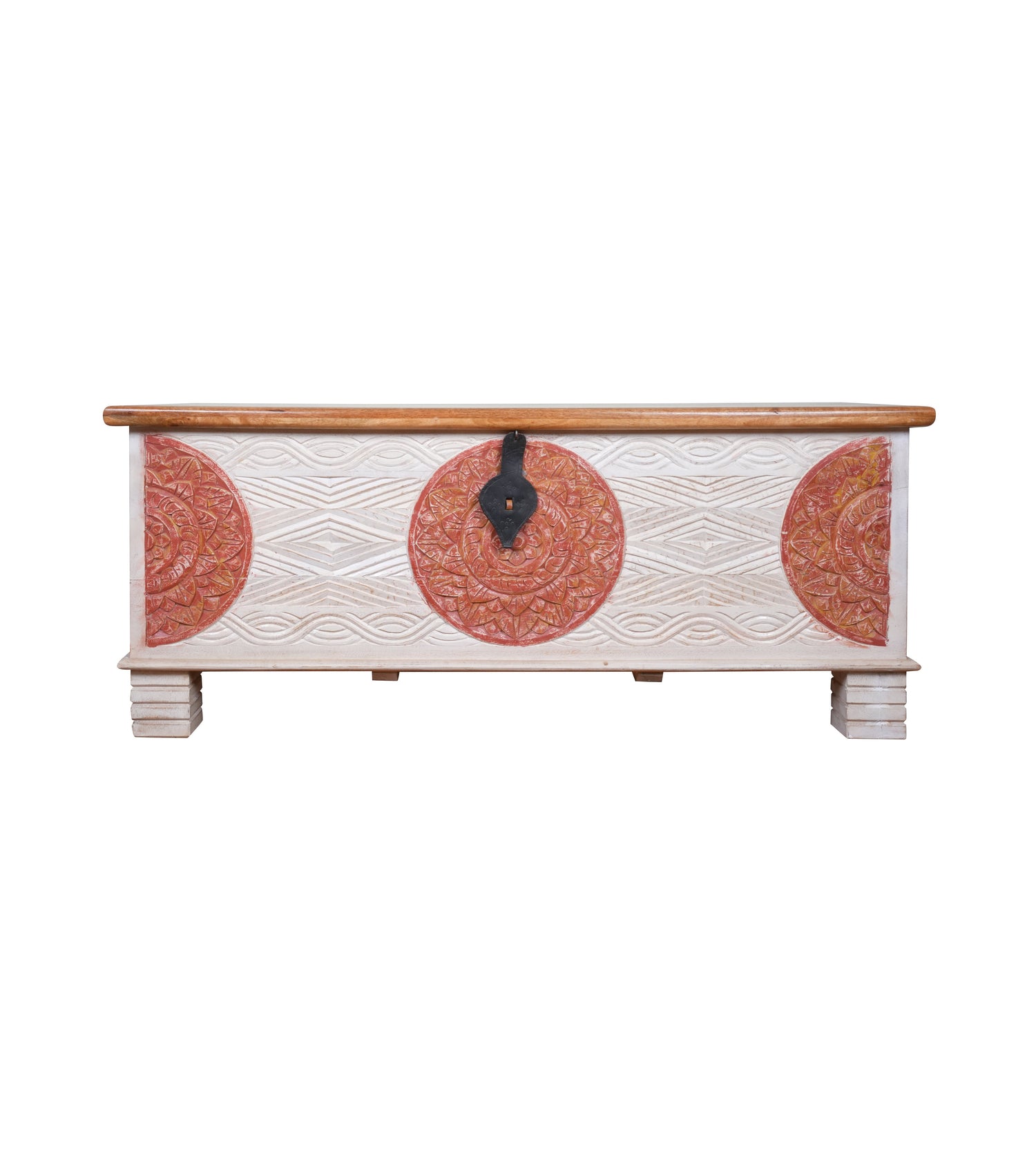 Handcrafted Wooden Storage Chest with Decorative Medallions
