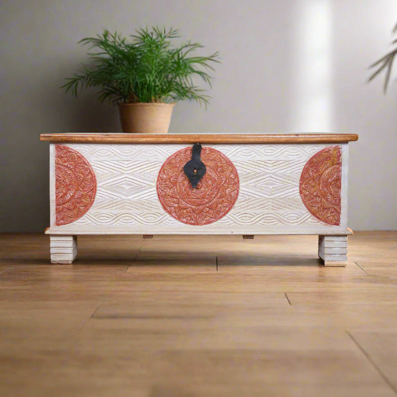 Handcrafted Wooden Storage Chest with Decorative Medallions