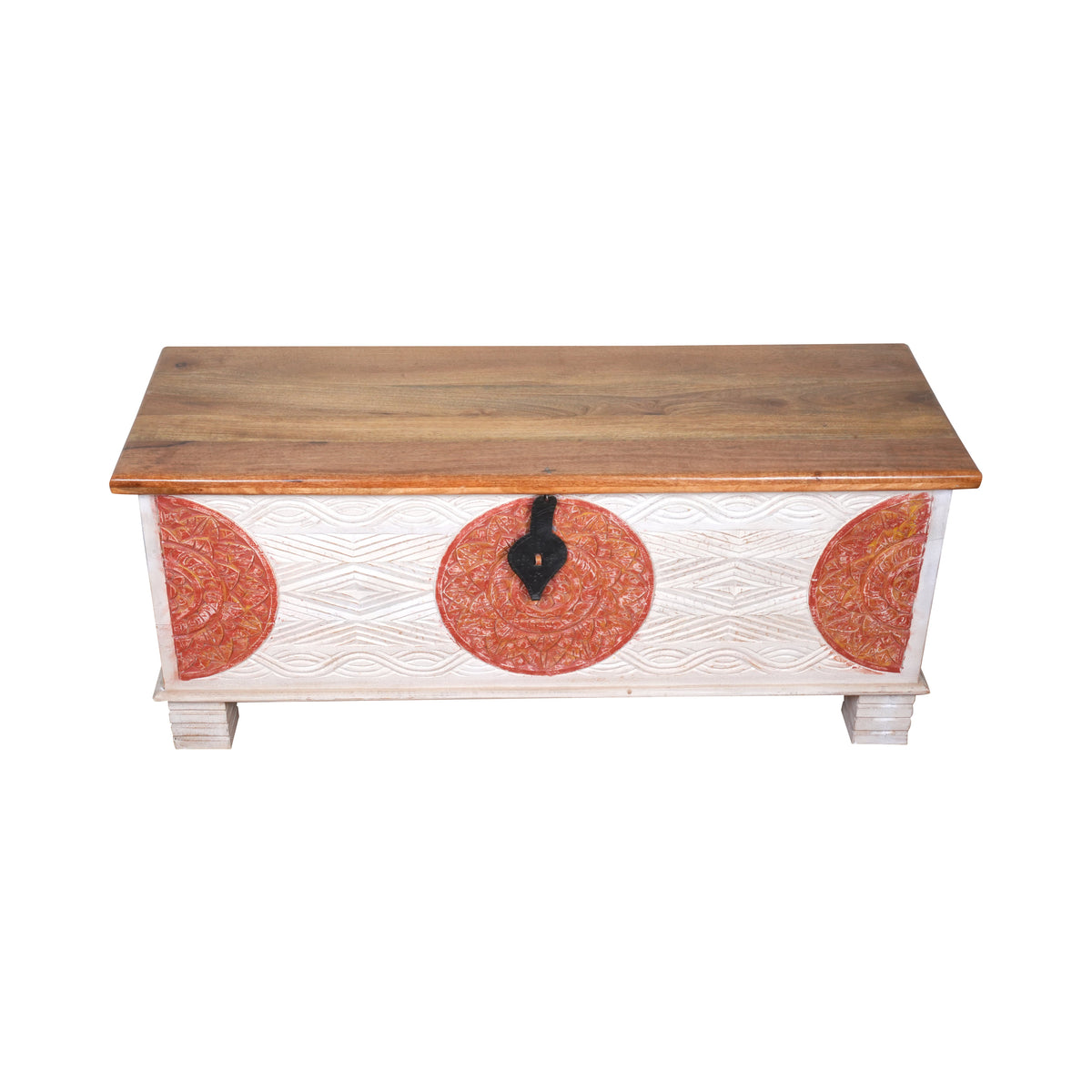 Handcrafted Wooden Storage Chest with Decorative Medallions