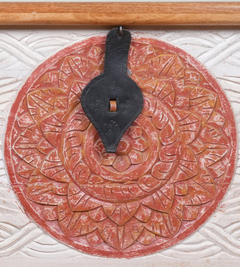 Handcrafted Wooden Storage Chest with Decorative Medallions