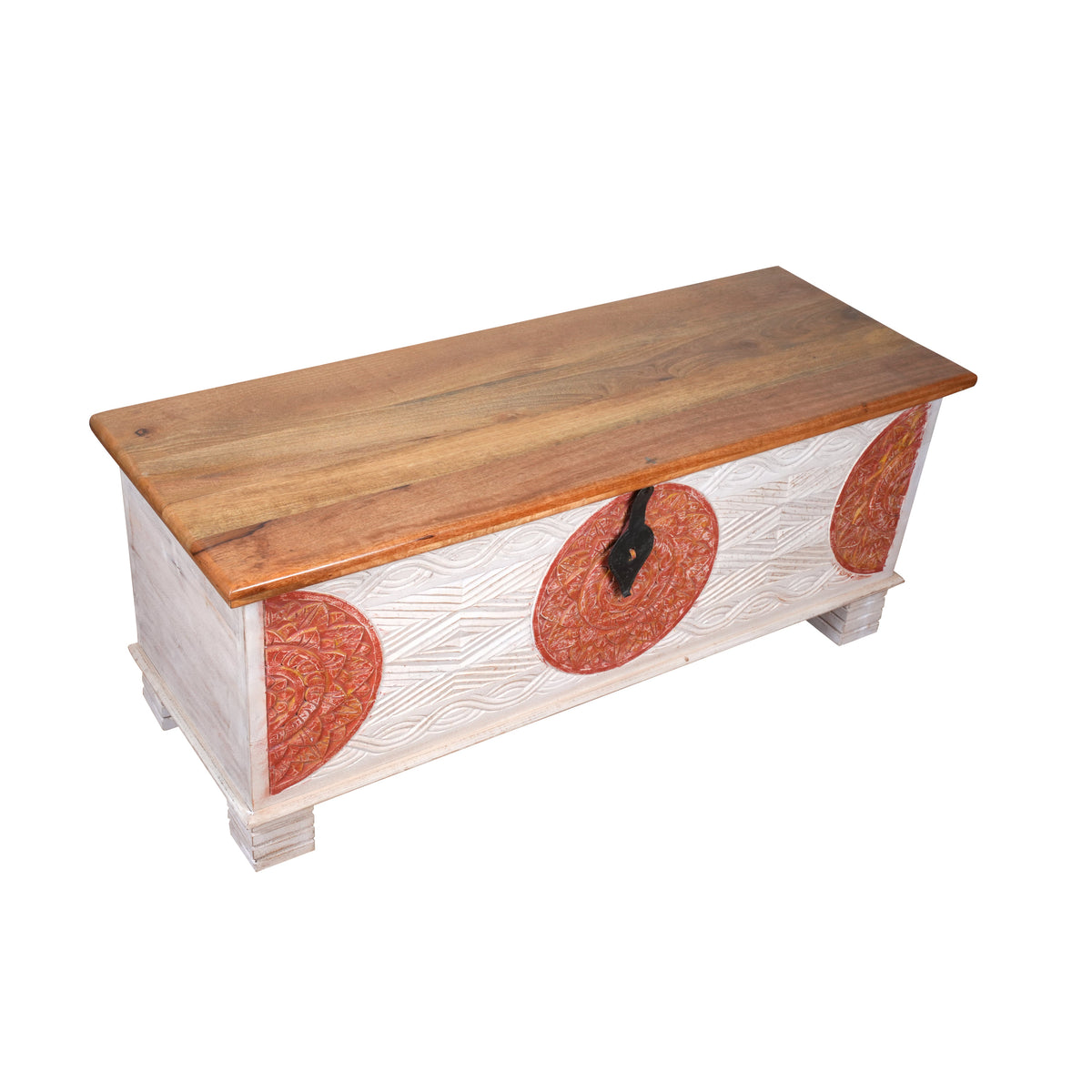 Handcrafted Wooden Storage Chest with Decorative Medallions